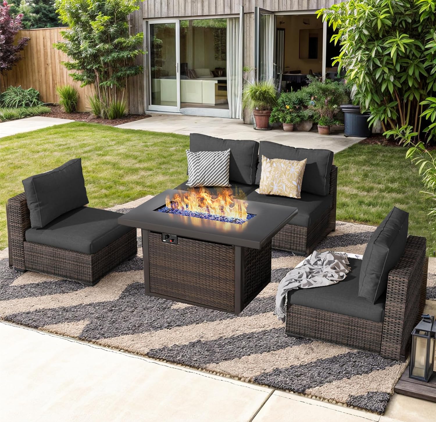Outdoor Furniture With Fire Pit Table - Outdoor Sectional Furniture, 5 Piece Patio