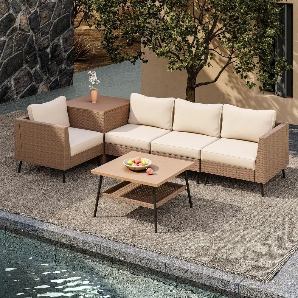 Outdoor Furniture With Storage For Cushions - 6-Piece Outdoor Patio Furniture Set, Rattan