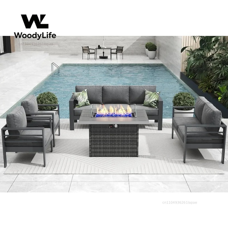 Outdoor Furniture With Fire Pit Table - L5 Pieces Modern Aluminum Patio Furniture