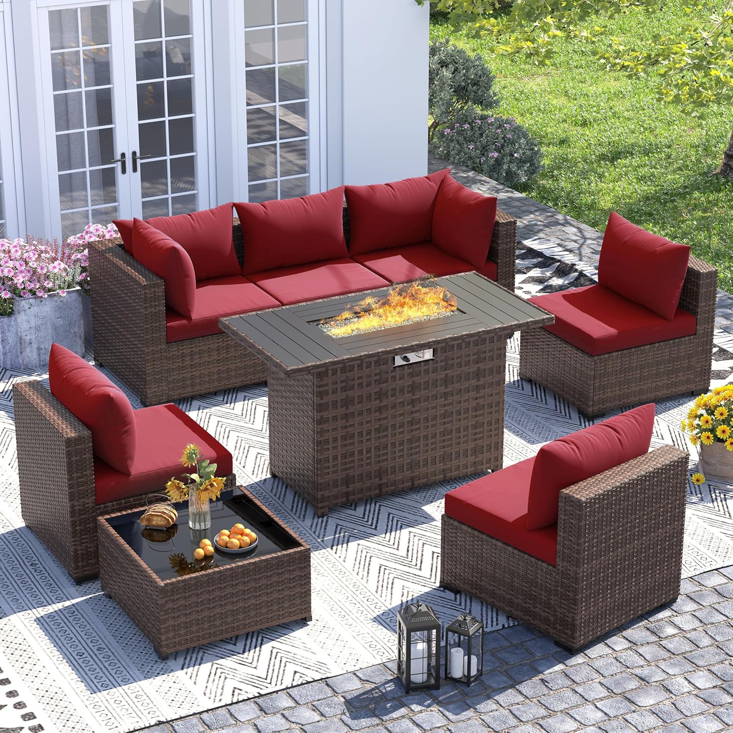 Outdoor Furniture And Fire Pit - 8pc All-Weather Wicker Sectional Sofa &