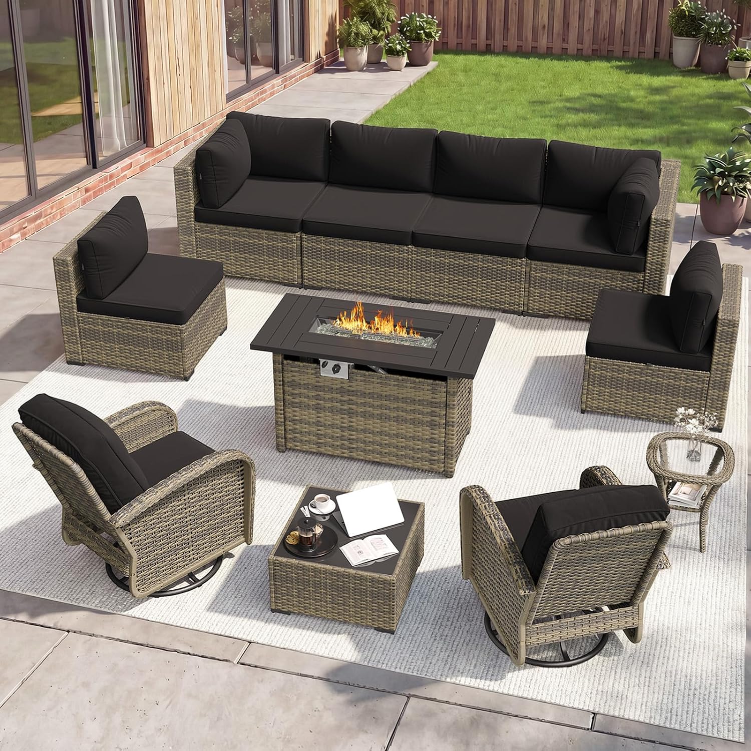 Outdoor Furniture With Fire Pit Table - 11 Piece Outdoor Patio Furniture Set