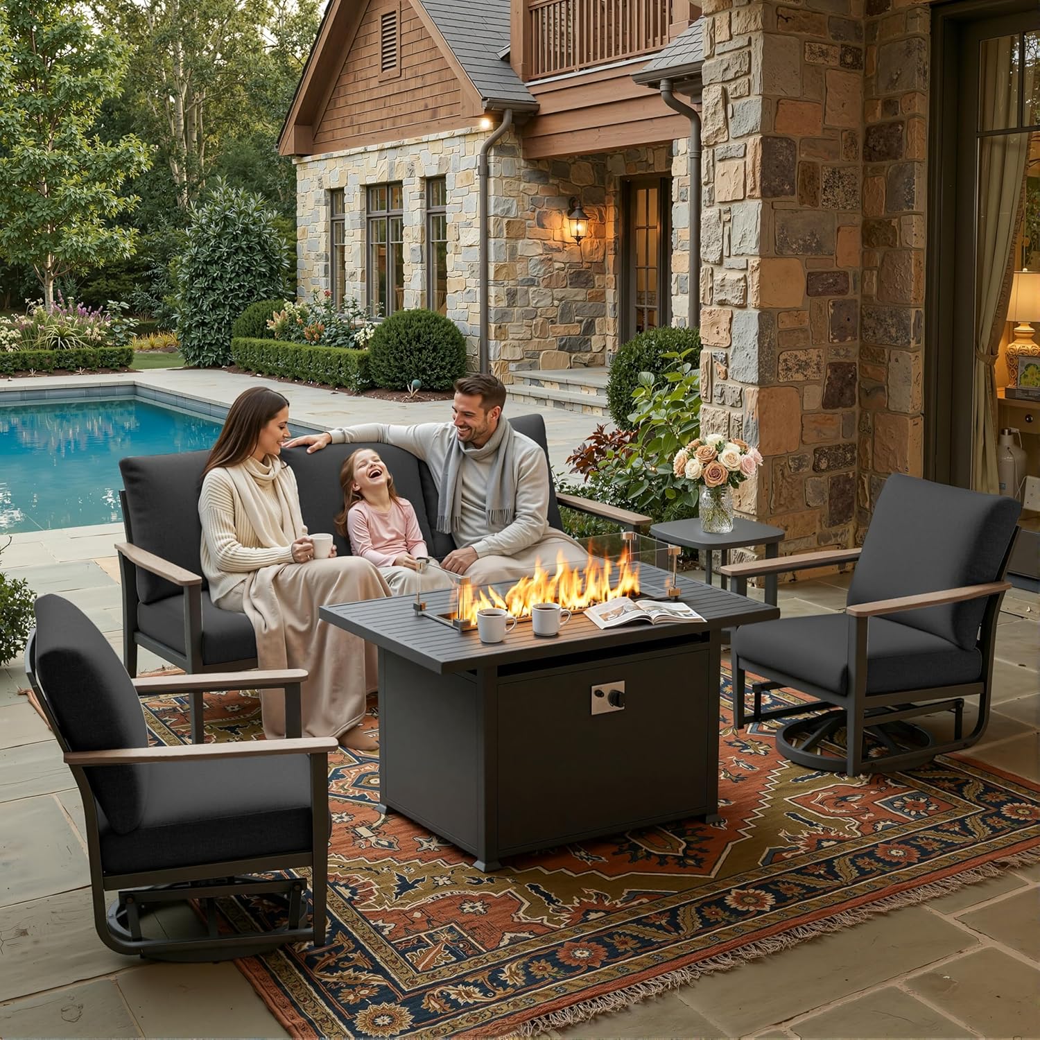 Outdoor Furniture And Fire Pit - 5pc Aluminum Patio Set Swivel Rockers