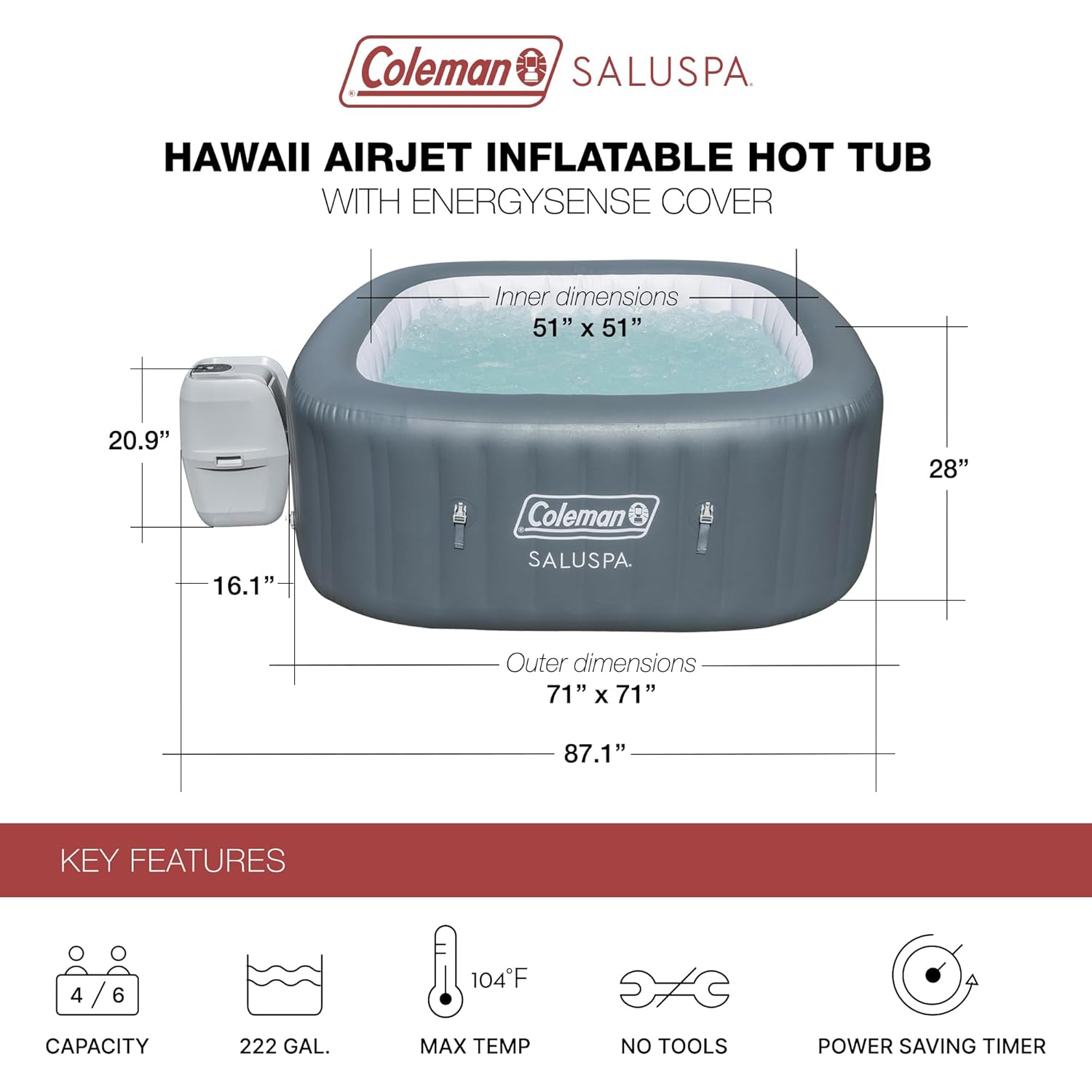 Hawaii AirJet Large Square 4 t - Inflatable Hot Tub ulasan dan harga